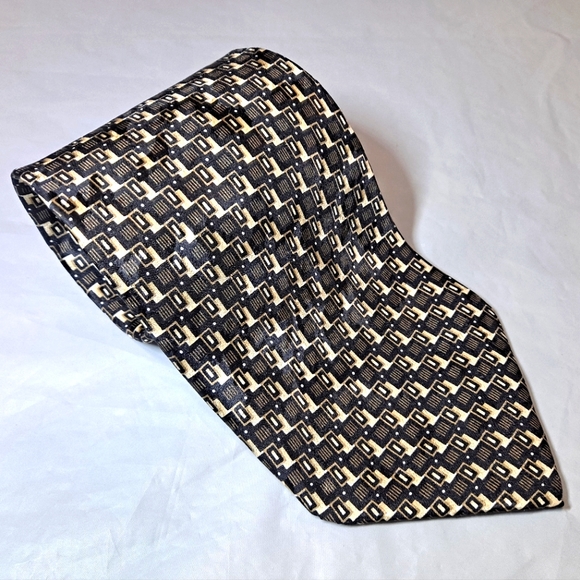 Filograna Uomo 💯 Silk Men's Necktie 57-60" x 3.75" Black/Tan Herringbone Italy - Picture 4 of 9